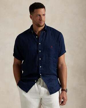 Polo Ralph Lauren Men's Short Sleeve Linen Button-Down in Navy. size XLT